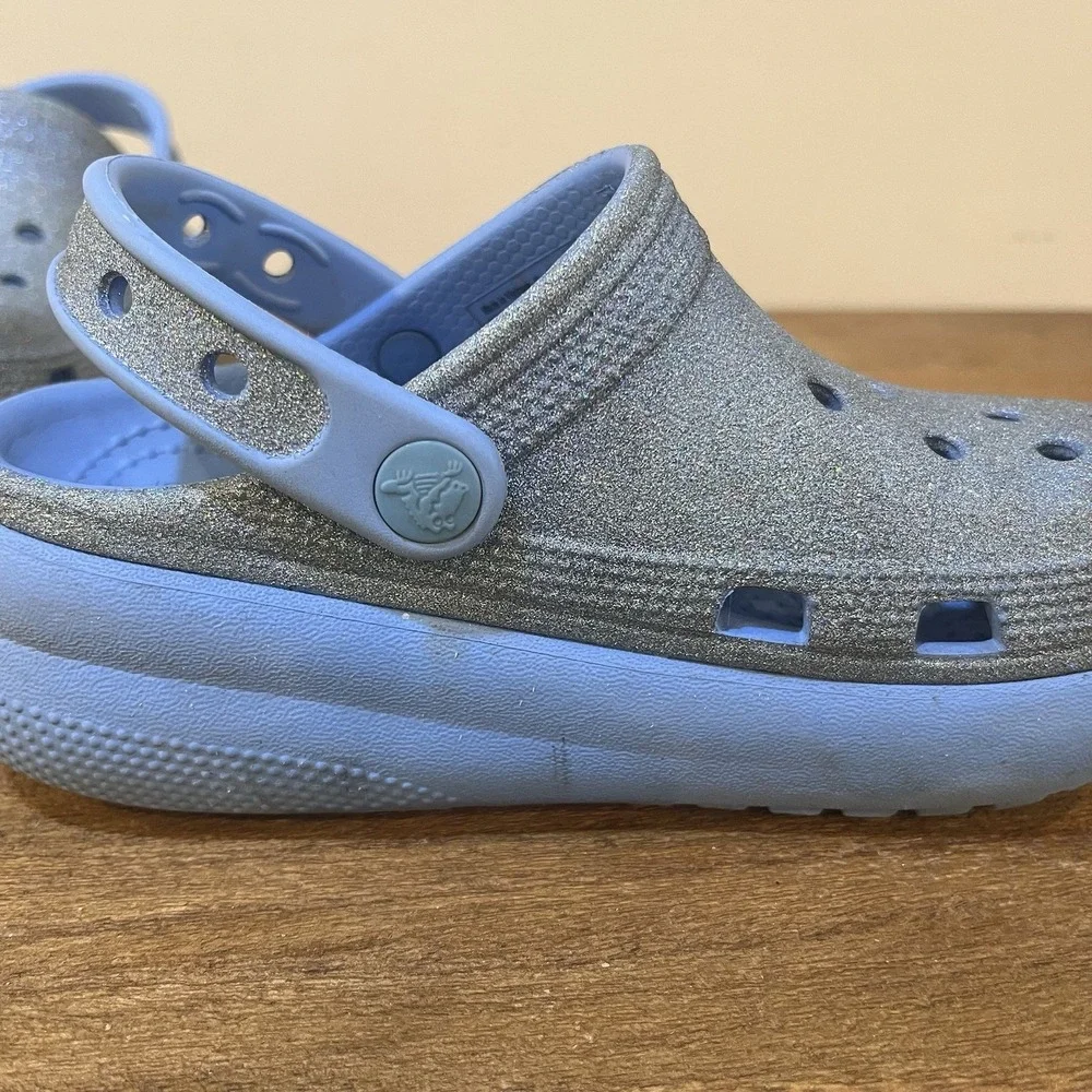 Crocs‎ Kids C13 Platform Clogs Blue Glitter Classic Comfort Strap Slip On Shoes